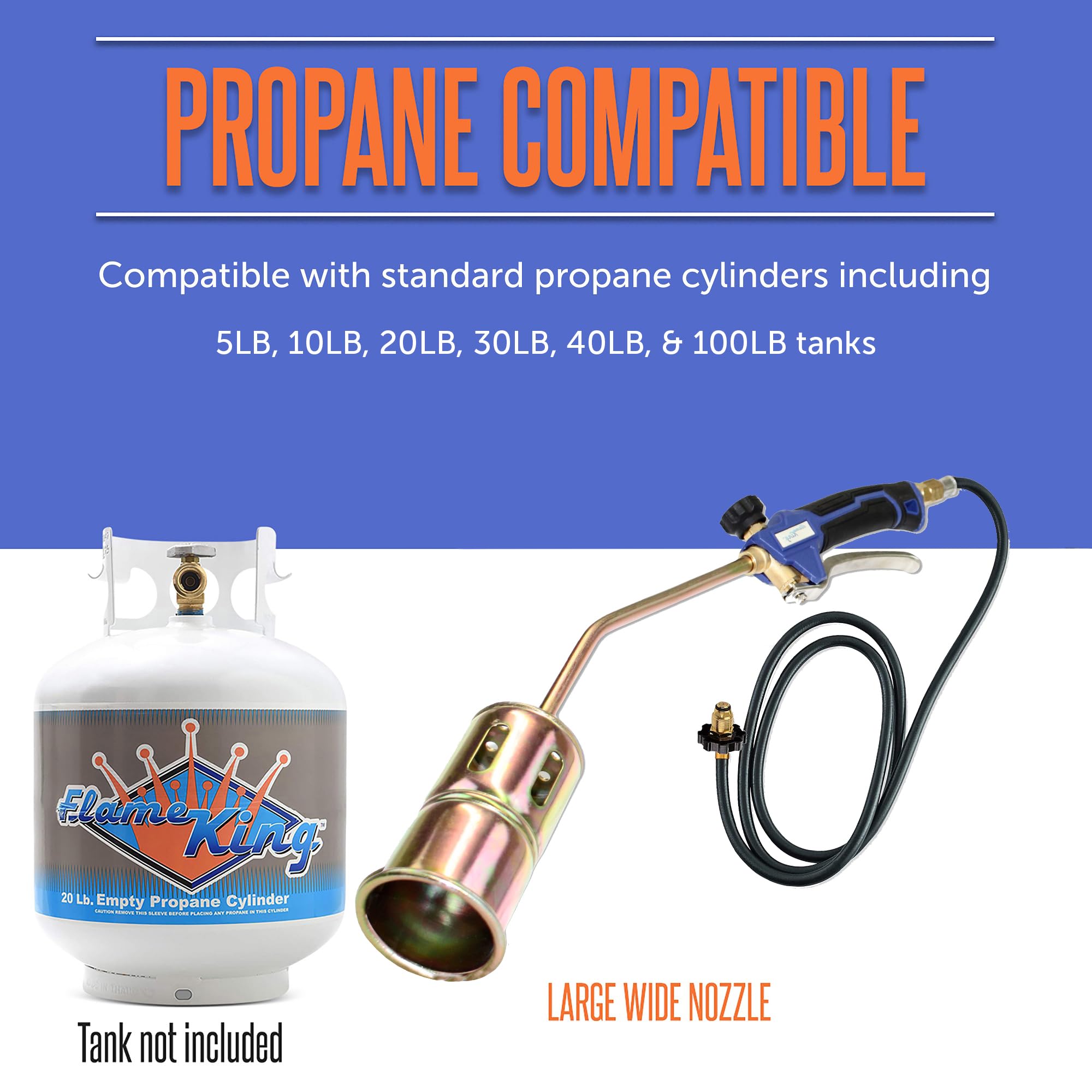 Flame King 6-ft hose and regulator connection providing extended reach