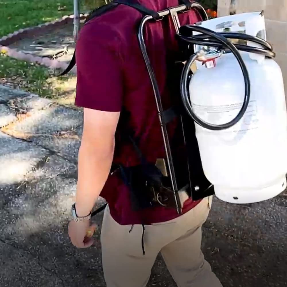 Flame King backpack carrier in use with torch, improving hands-free control