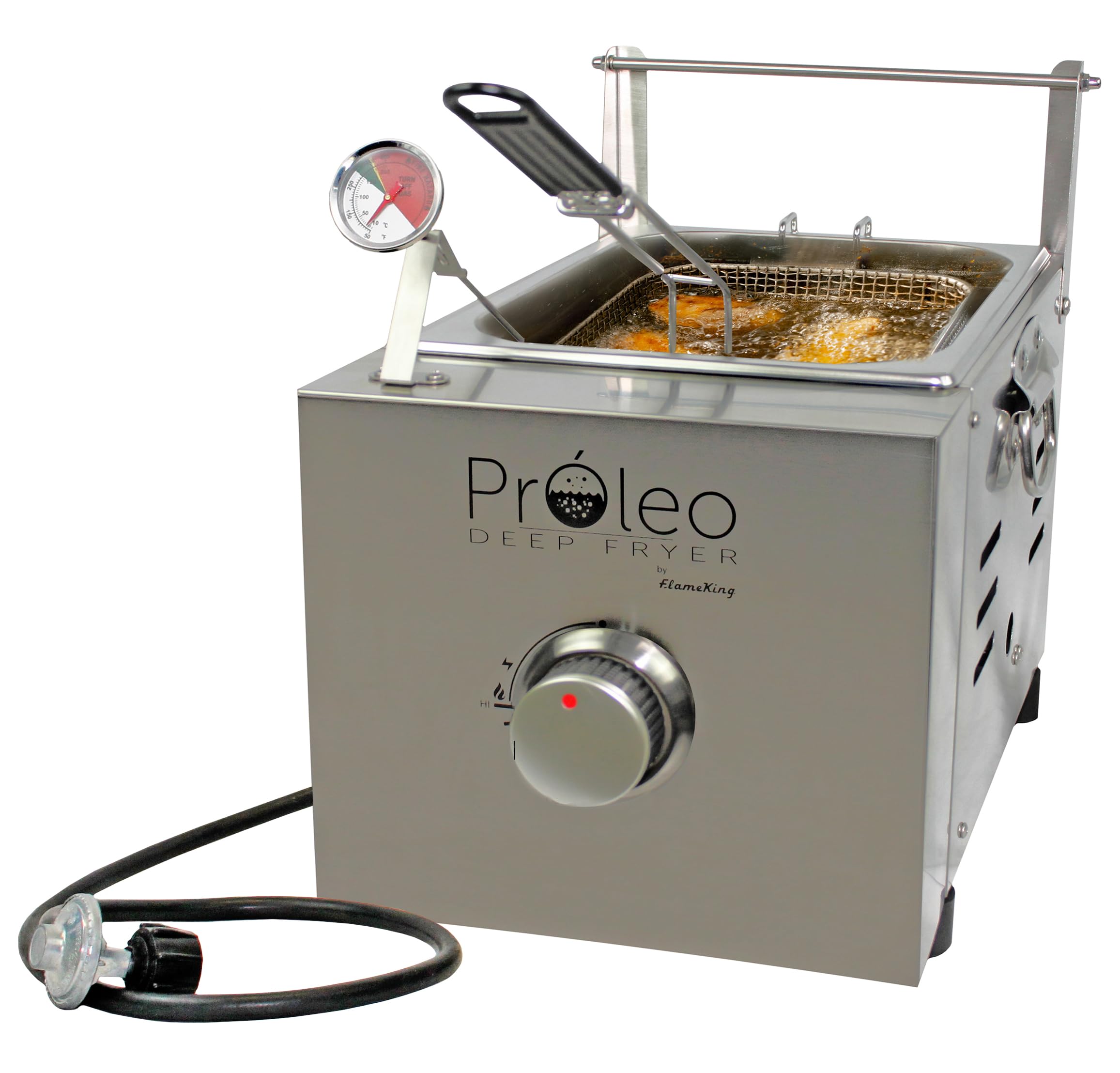 Flame King front view showing fryer and included basket for quick setup benefit