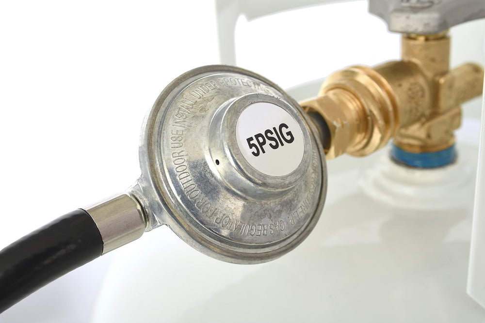 Flame King beside a 20lb propane tank illustrating portable size and runtime