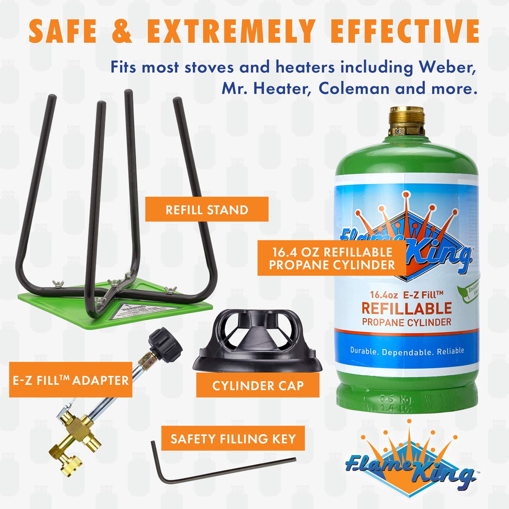 Flame King cylinder beside a camp stove showing scale and appliance compatibility benefit