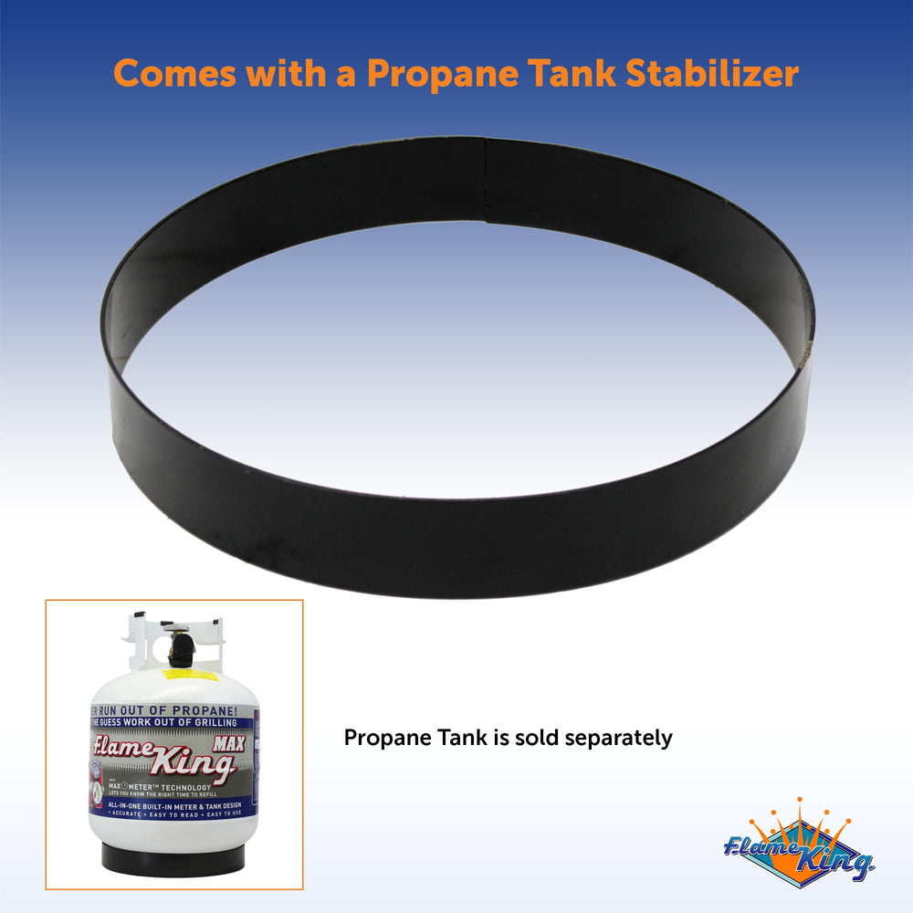 Flame King firebowl next to standard propane tank showing size and compatibility