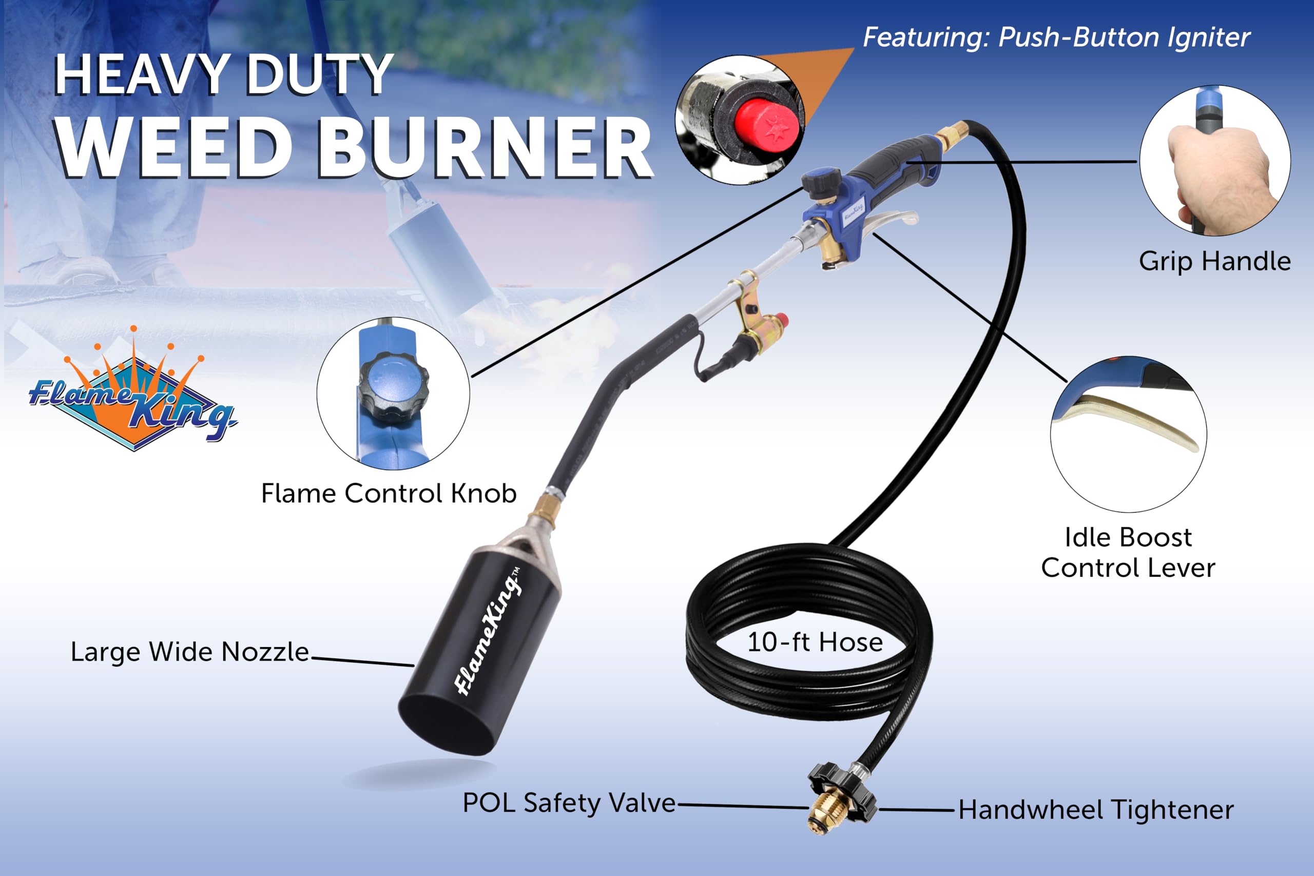 Flame King torch connected to propane tank demonstrating compatibility