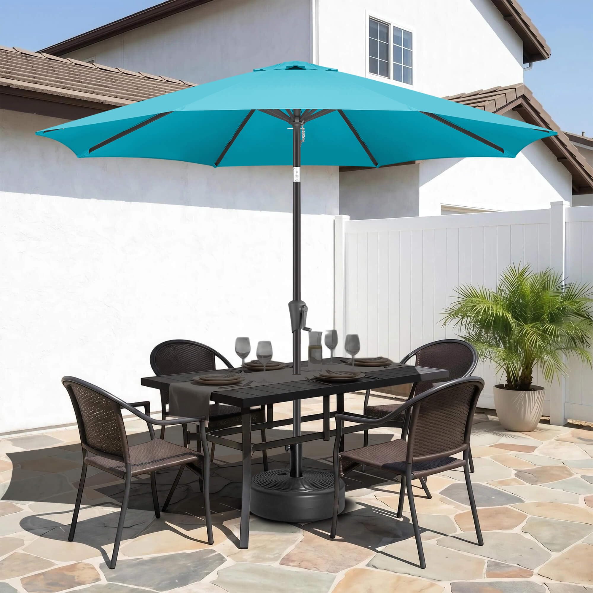 FLAME&SHADE lifestyle patio scene with base blending into outdoor decor