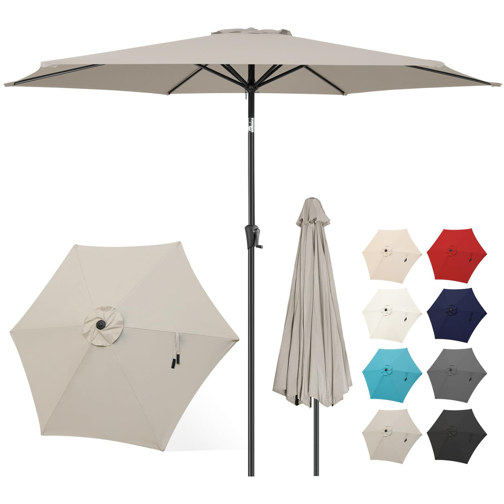 FLAME&SHADE 10 ft taupe umbrella front view showing wide shade coverage and durability
