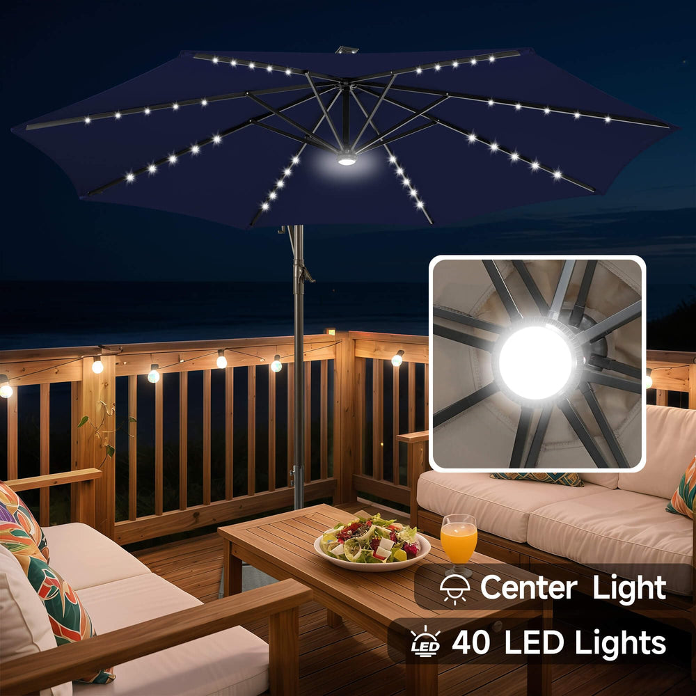 FLAME&SHADE nighttime scene with 40 LEDs providing even ambient patio lighting