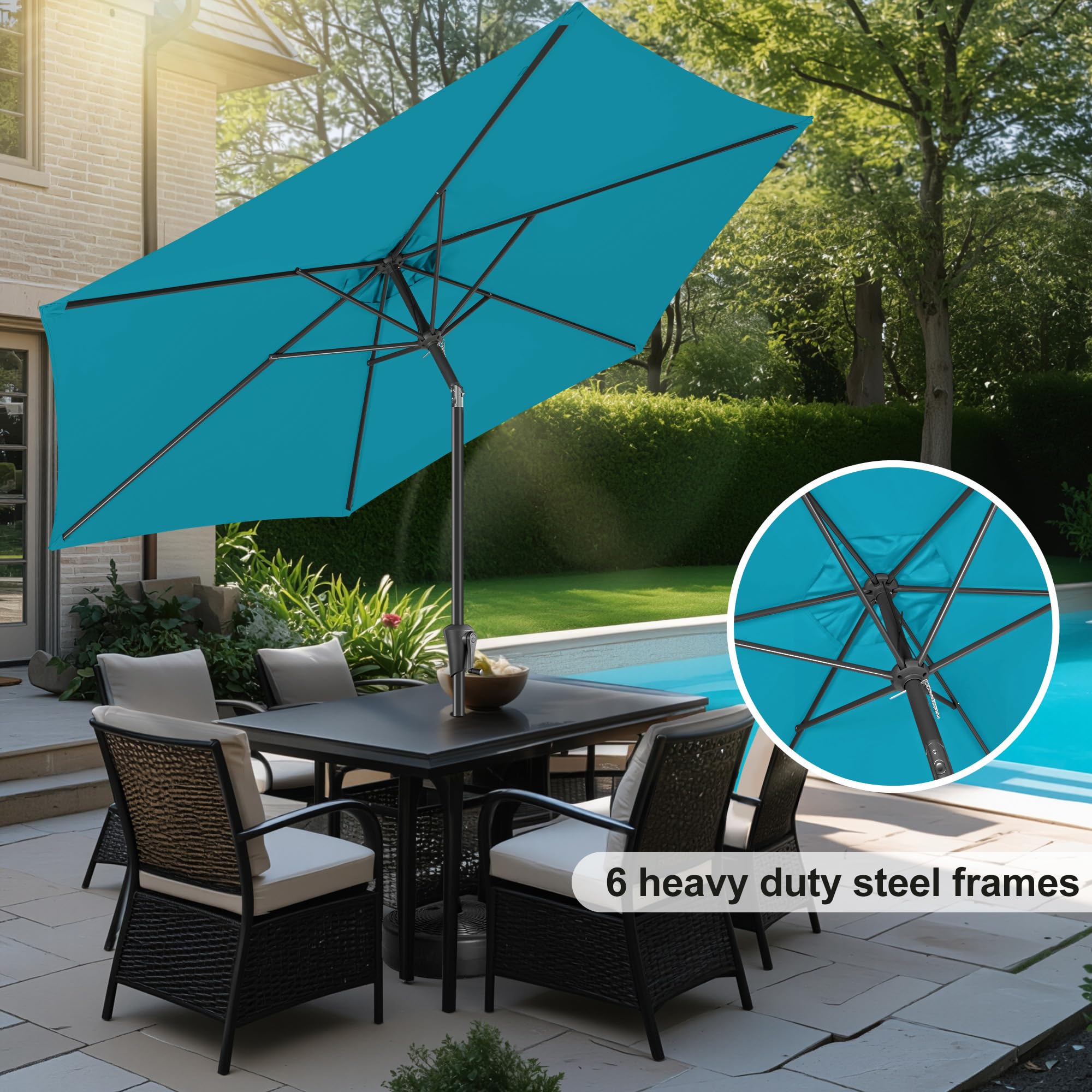 FLAME&SHADE next to dining table showing 114-inch coverage scale