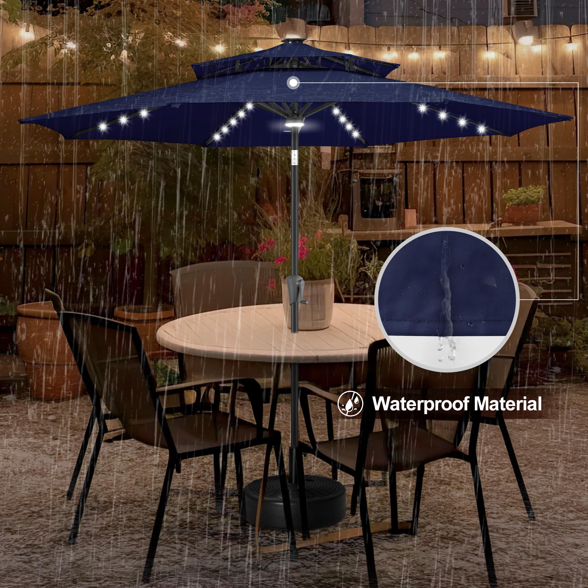 FLAME&SHADE evening patio lit by umbrella showing warm ambient lighting benefit