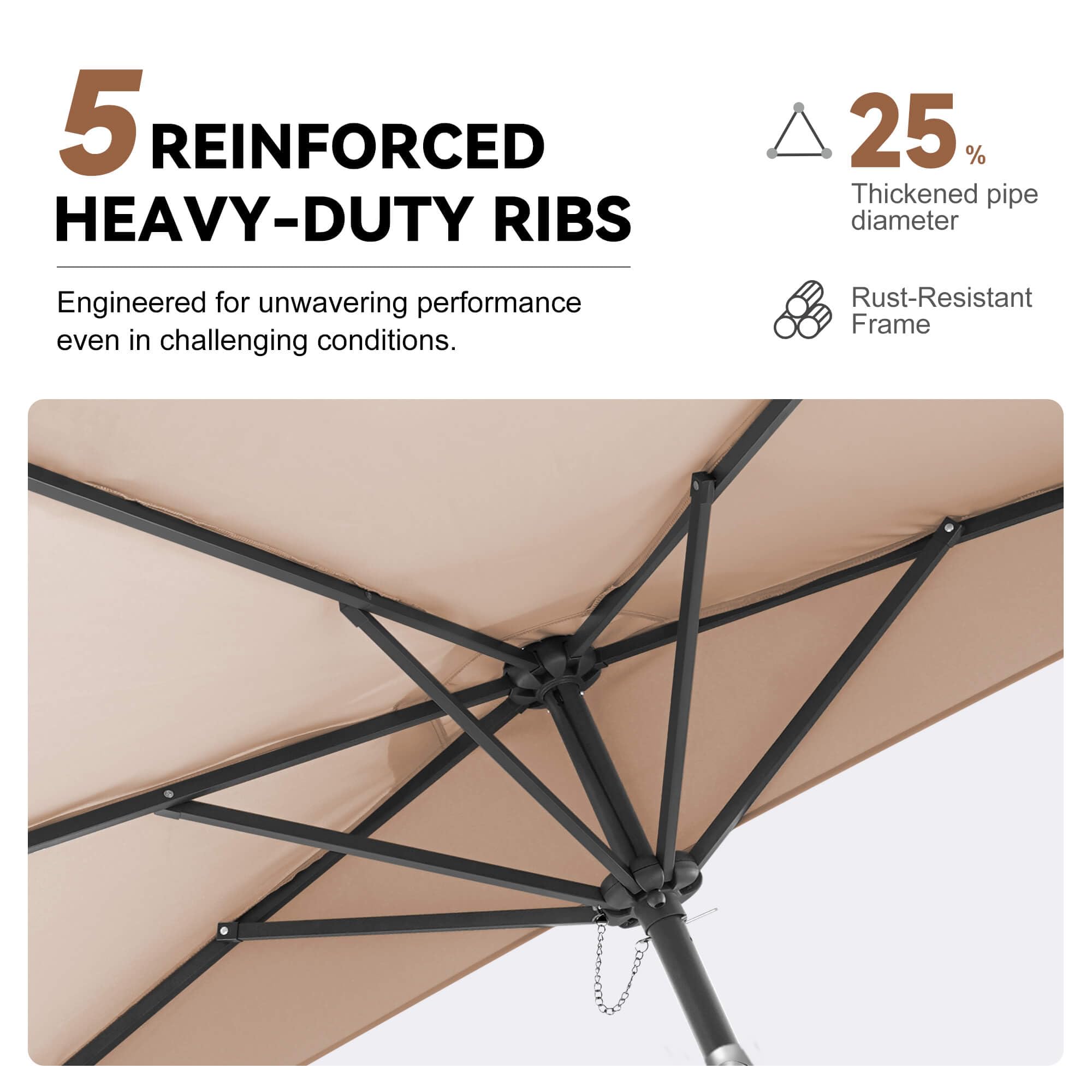 FLAME&SHADE alloy ribs and powder-coated frame highlighting durability