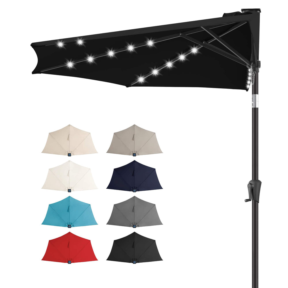 FLAME&SHADE front view half patio umbrella shows space-saving shade and evening lighting