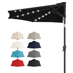 FLAME&SHADE front view half patio umbrella shows space-saving shade and evening lighting
