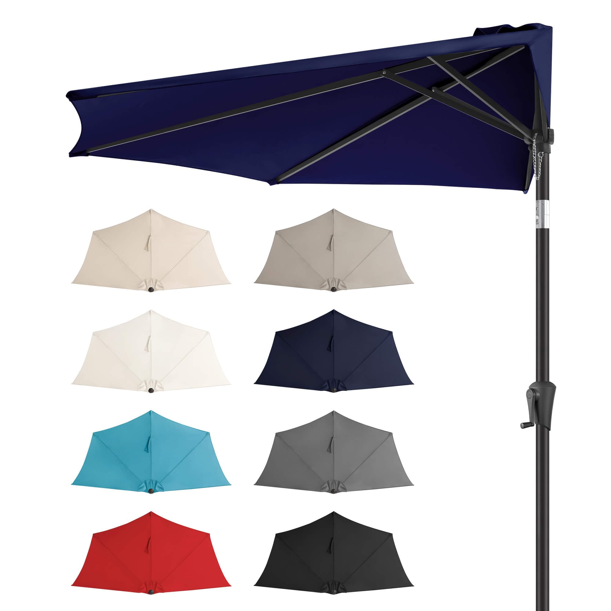 FLAME&SHADE front view of half umbrella providing wide navy shade