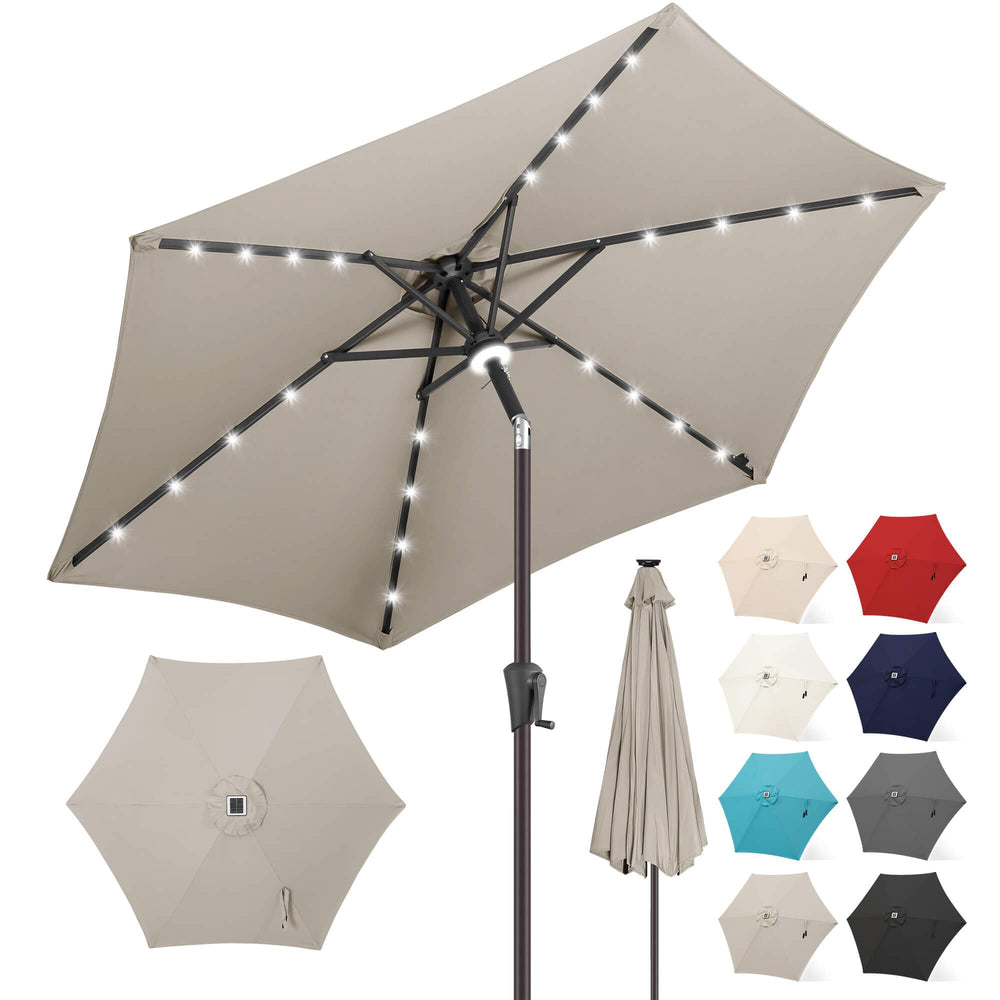 FLAME&SHADE front view of taupe umbrella showing full shade and sleek design benefit