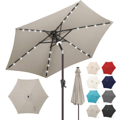 FLAME&SHADE front view of taupe umbrella showing full shade and sleek design benefit