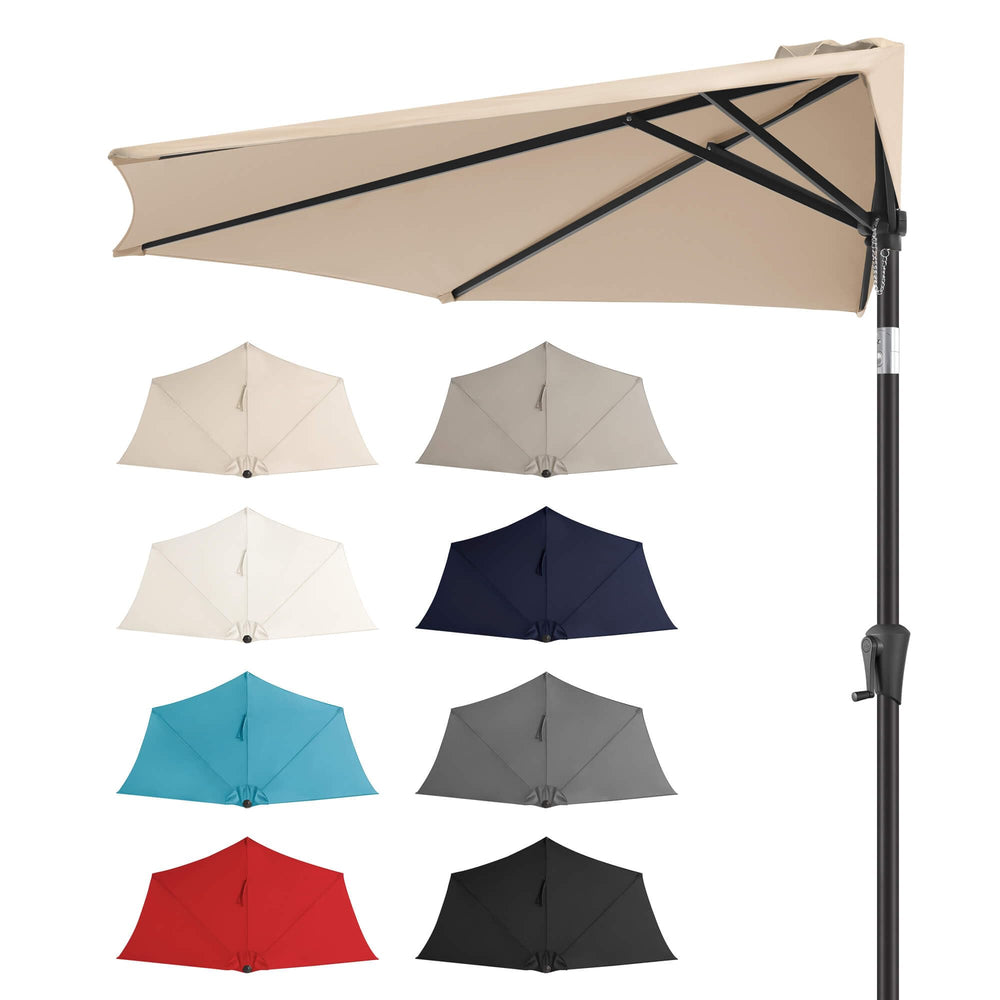FLAME&SHADE front view of half patio umbrella showing space-saving coverage