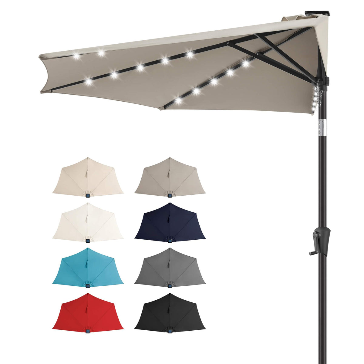 FLAME&SHADE front view of half umbrella showing space-saving design and shade