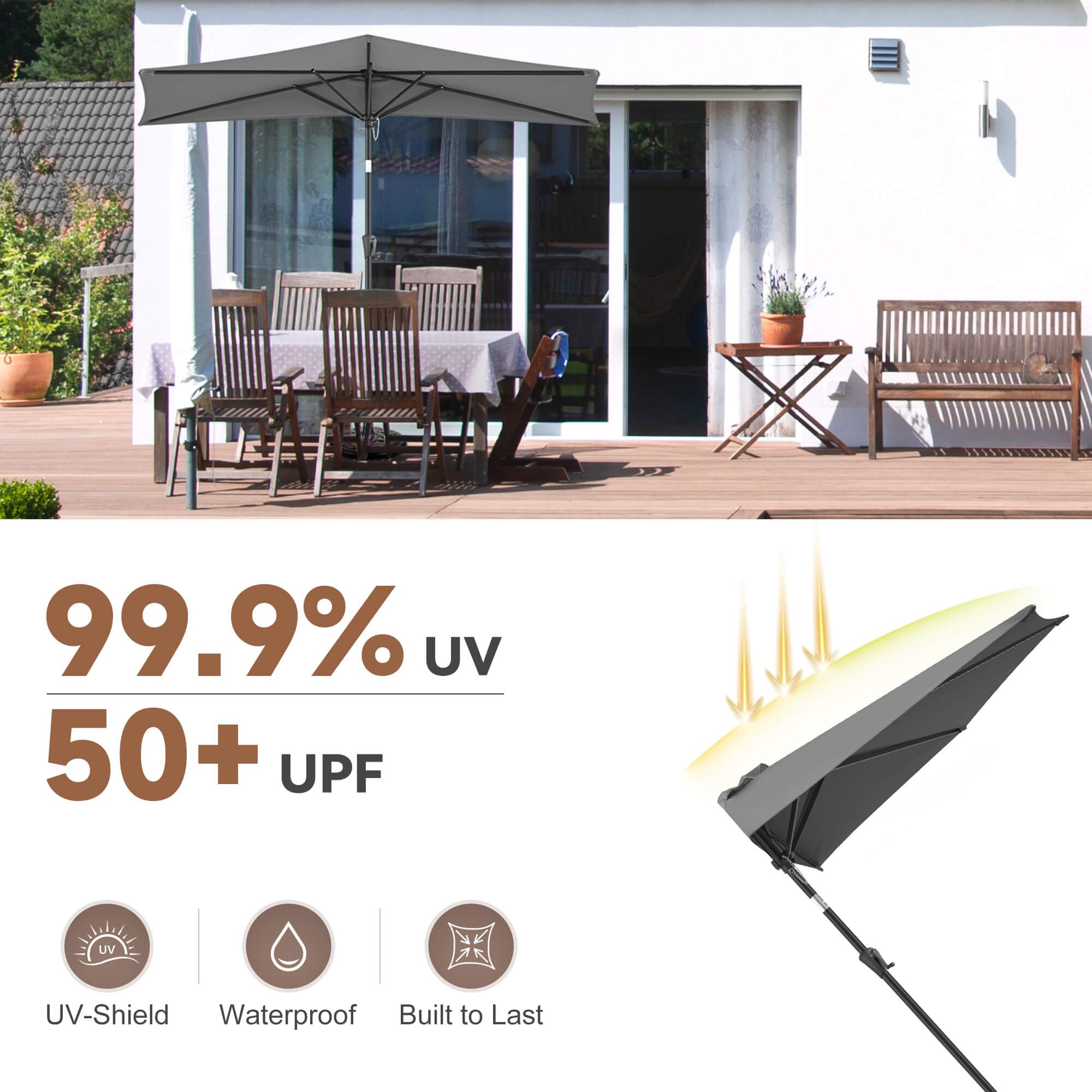 FLAME&SHADE half umbrella shading a small balcony seating area
