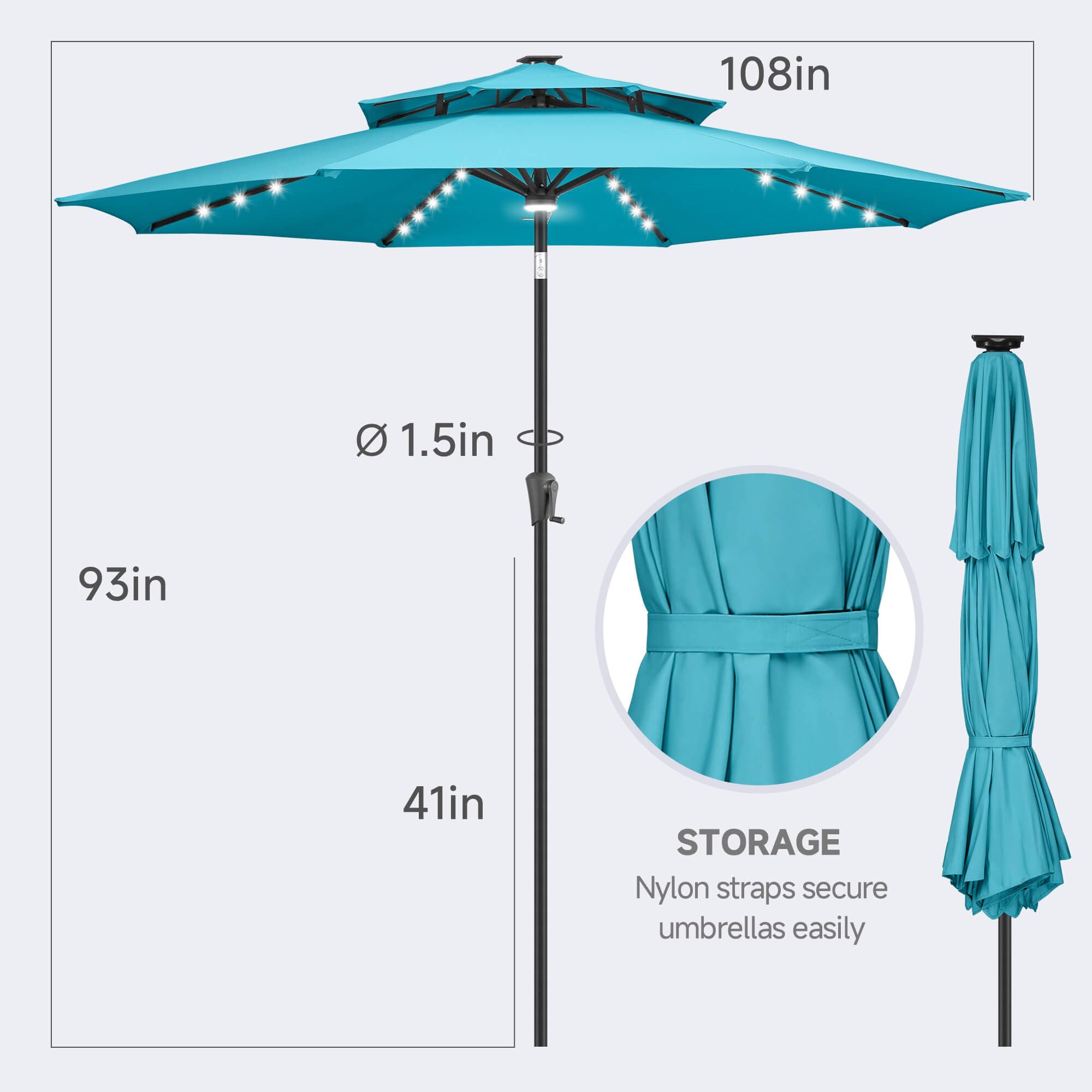 FLAME&SHADE umbrella in use at evening patio dining creating warm ambient light
