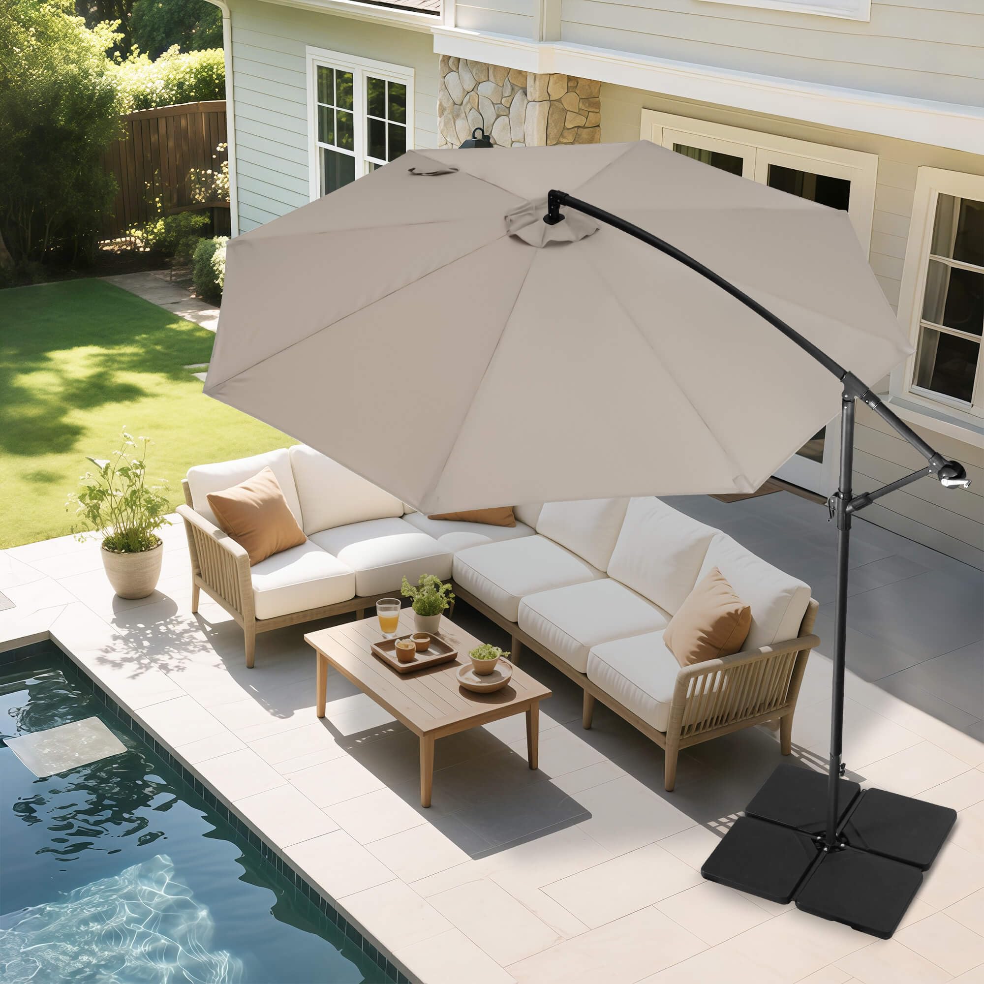 FLAME&SHADE plate set supporting offset umbrella on patio for stable shade