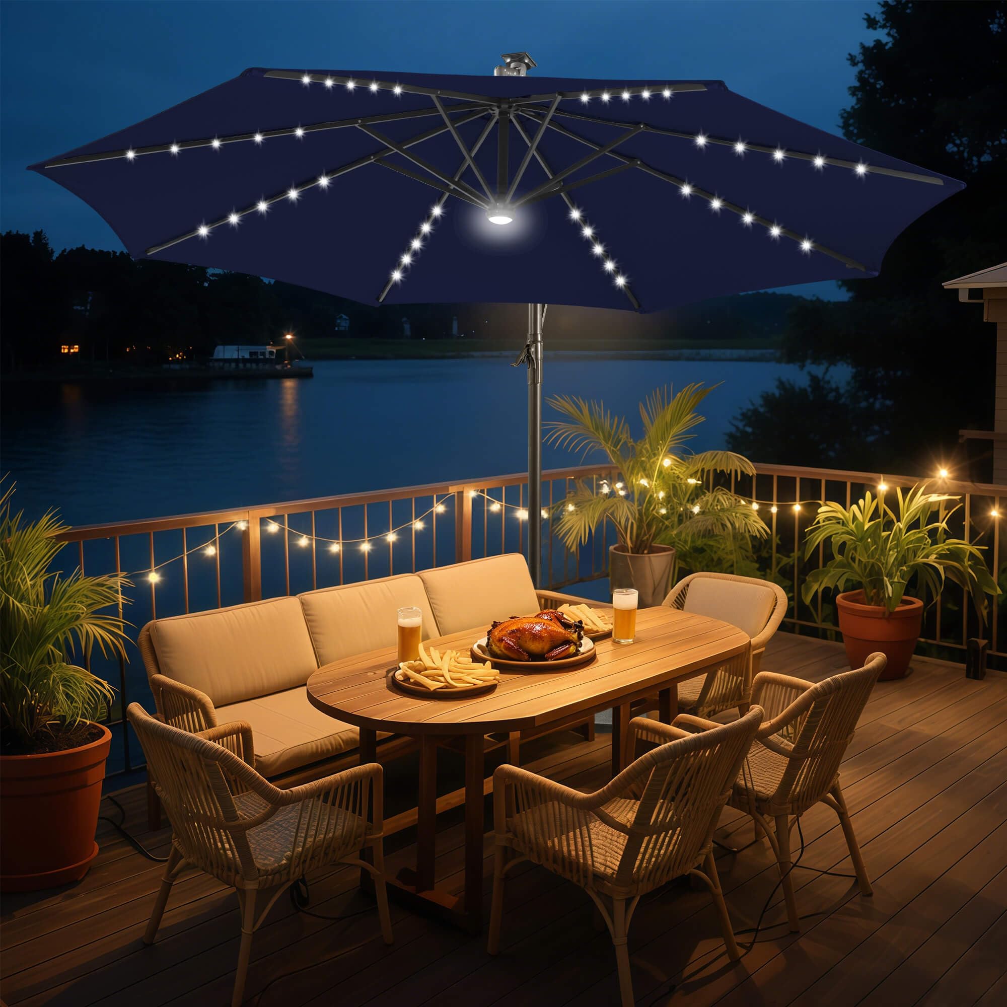 FLAME&SHADE patio dining scene under umbrella conveying comfortable illuminated entertaining
