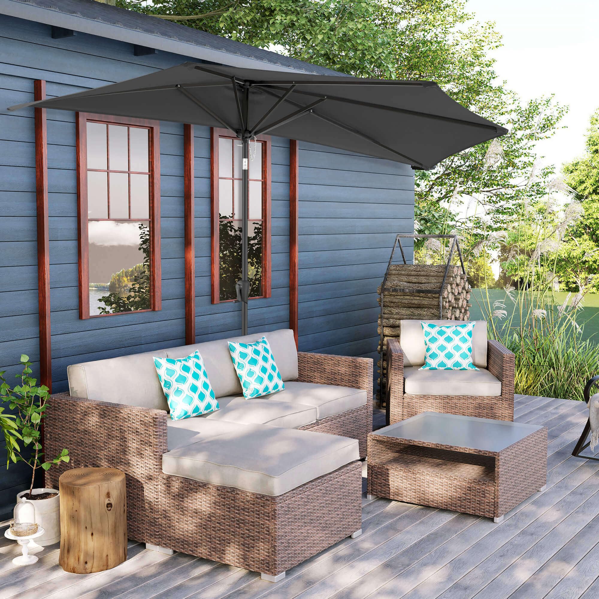 FLAME&SHADE umbrella beside chair showing size and coverage benefit