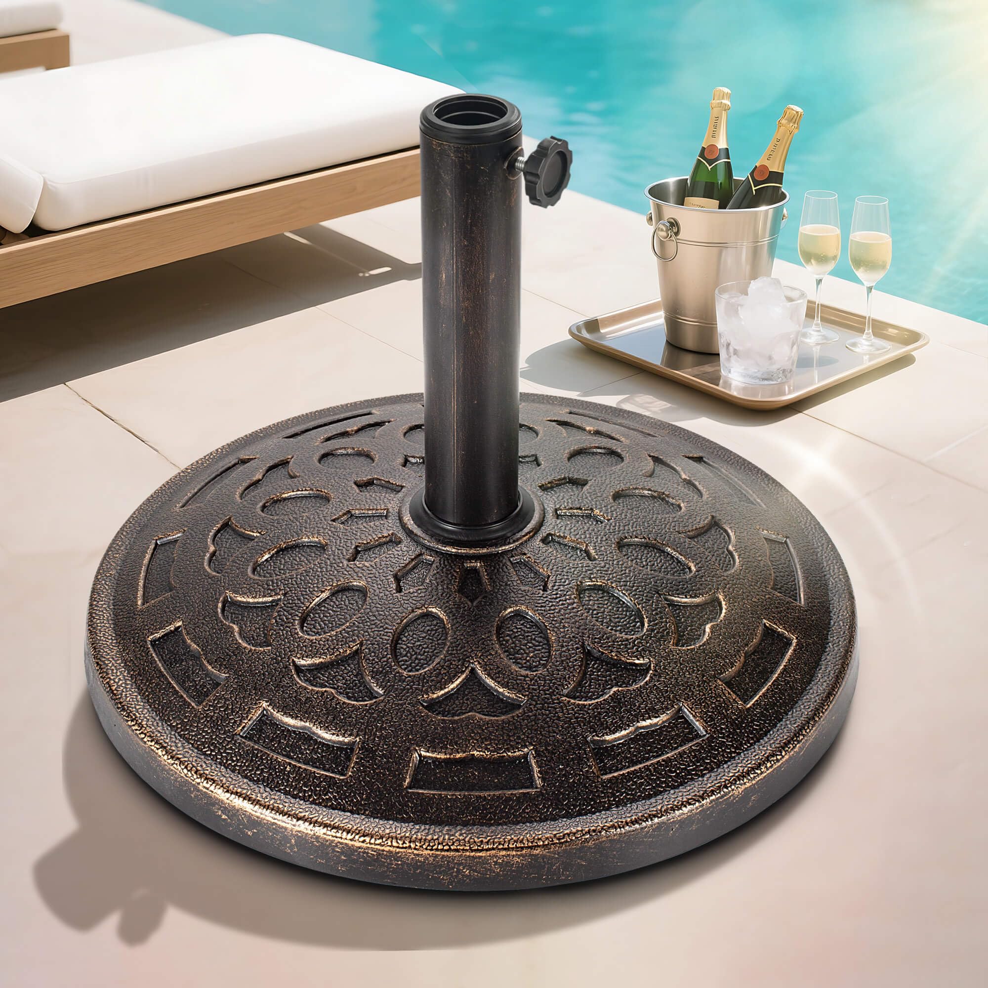 FLAME&SHADE base next to chair to show scale and compact footprint