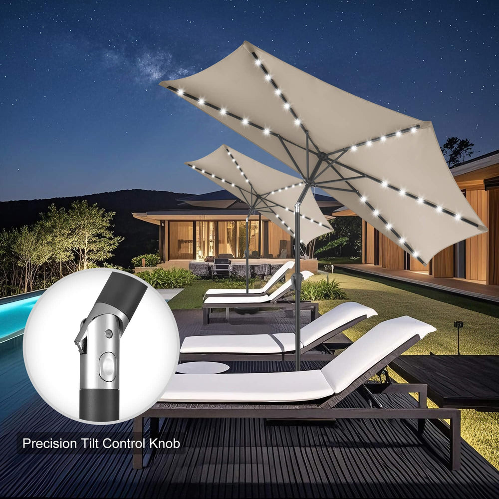 FLAME&SHADE half umbrella next to patio chairs demonstrating coverage scale