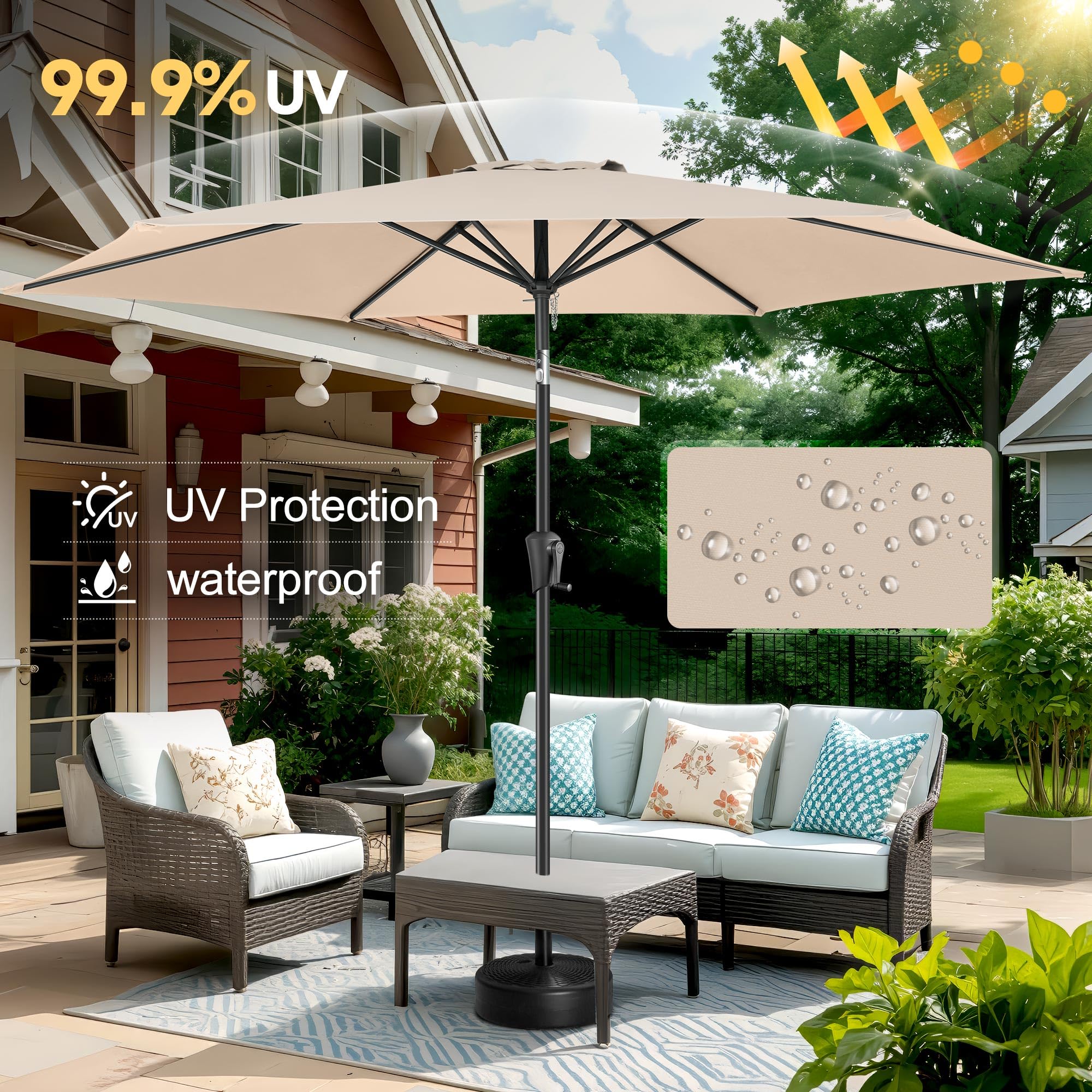 FLAME&SHADE umbrella over dining table showing ample coverage