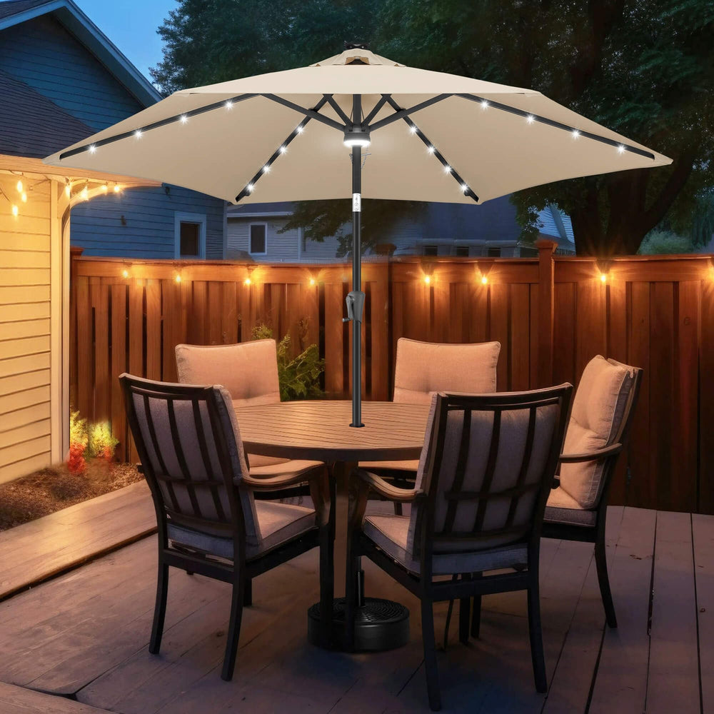 FLAME&SHADE umbrella next to people showing 114-inch scale and seating capacity