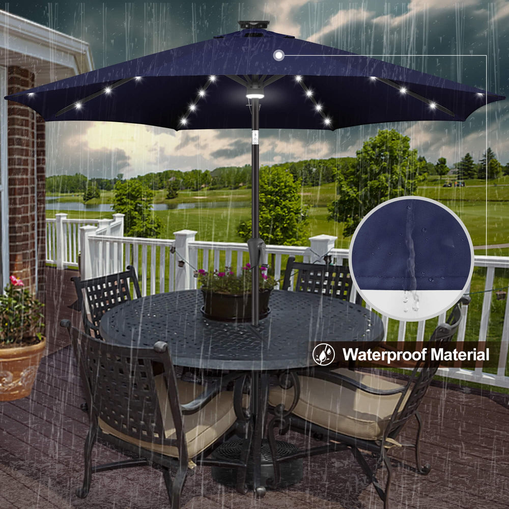 FLAME&SHADE umbrella next to table showing 9 ft size coverage