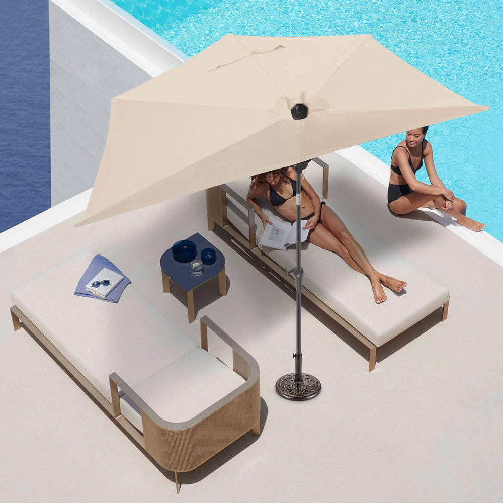 FLAME&SHADE half umbrella beside chair showing 108-inch coverage scale