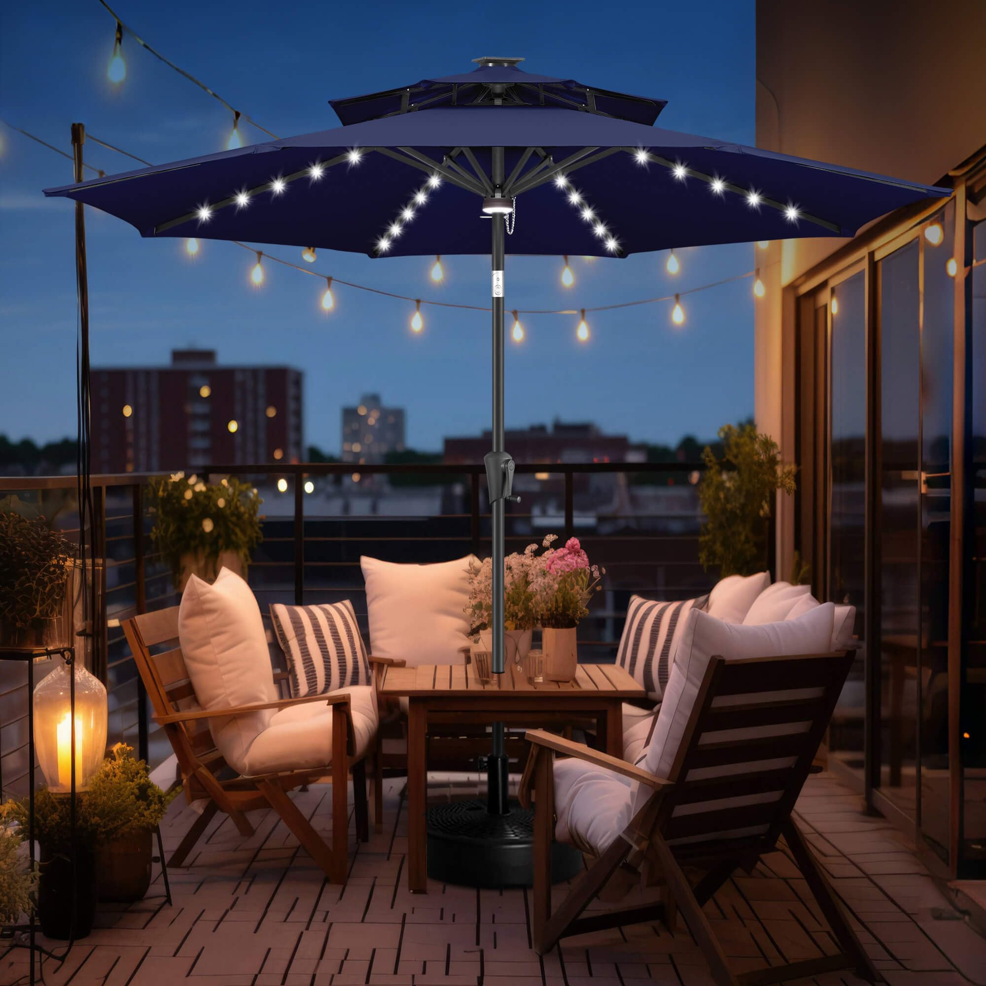 FLAME&SHADE umbrella with chairs showing scale and table coverage benefit