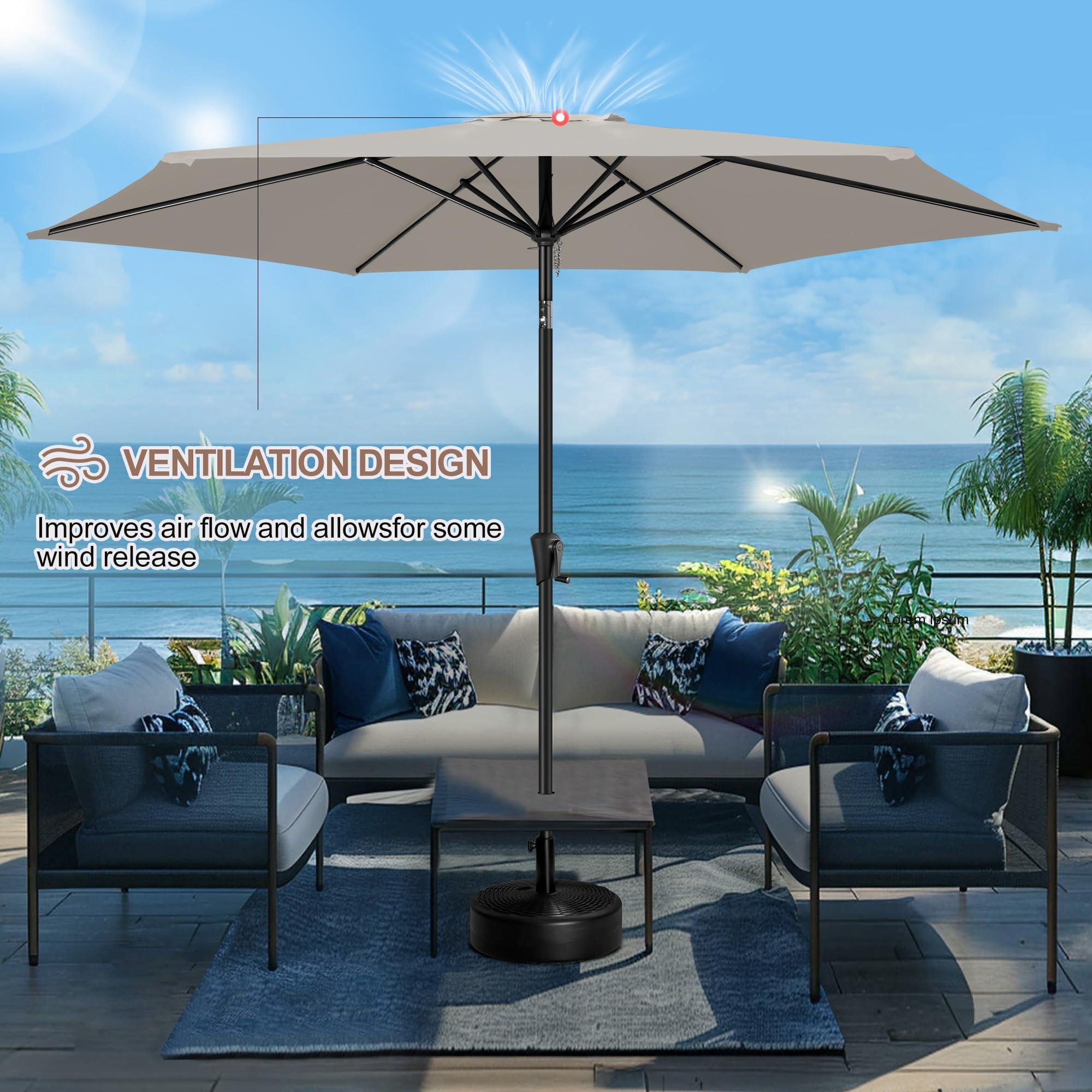 FLAME&SHADE umbrella next to table showing size and fit for 6–8 chairs
