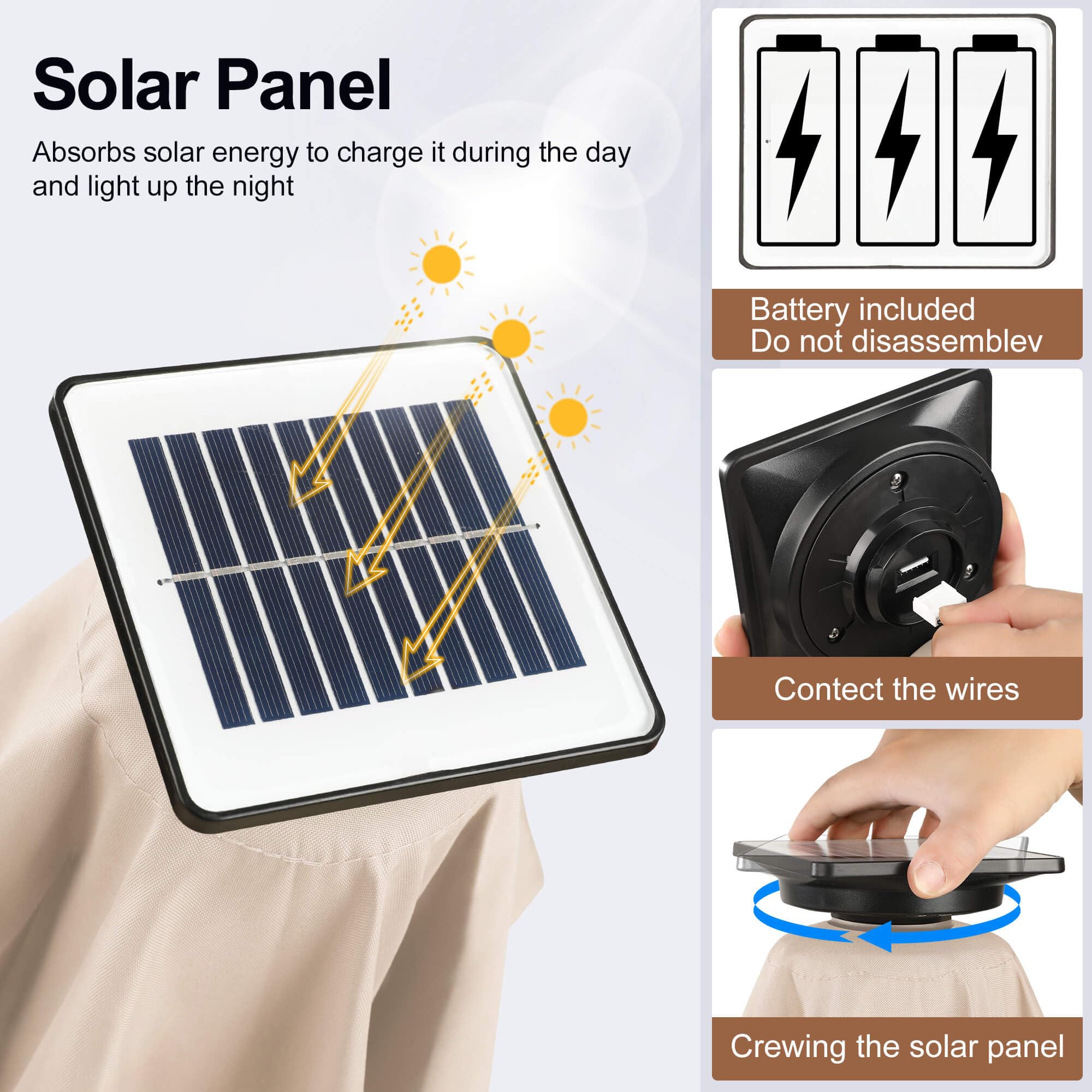 FLAME&SHADE solar panel on pole detail for effortless charging