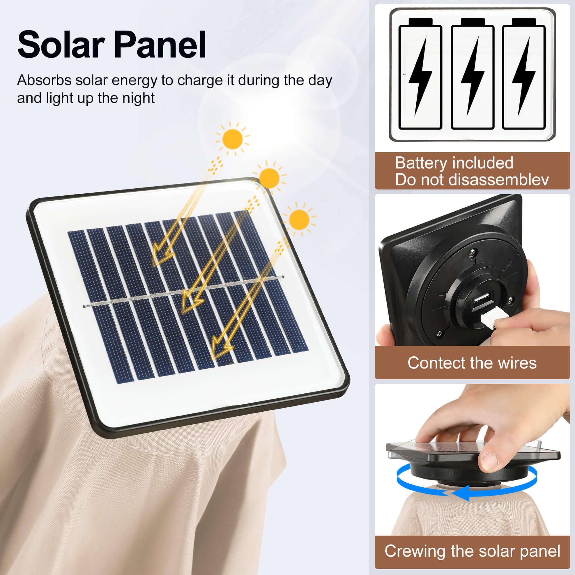 FLAME&SHADE solar panel on pole charging battery for nighttime illumination