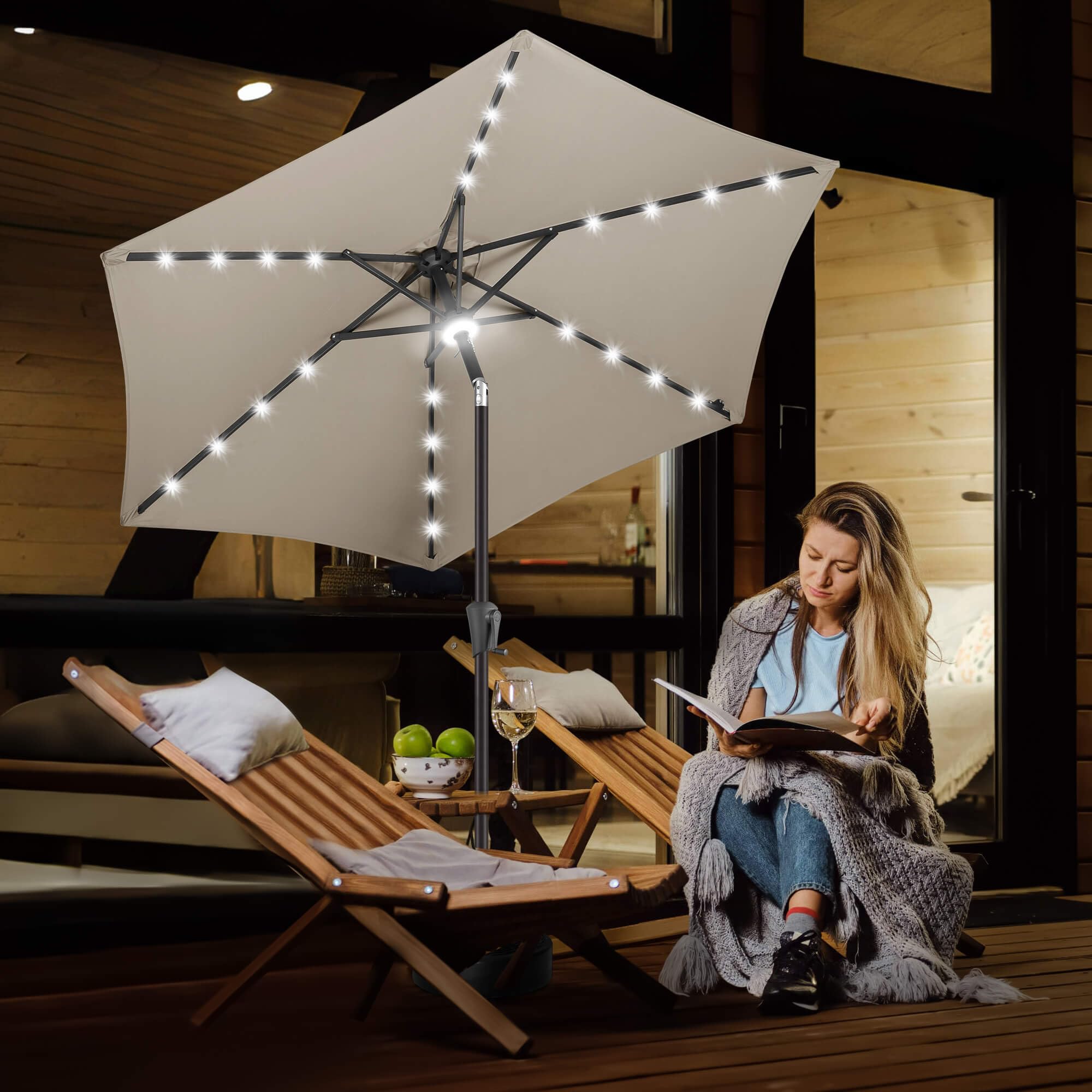 FLAME&SHADE umbrella over dining table creating warm ambiance for outdoor meals benefit