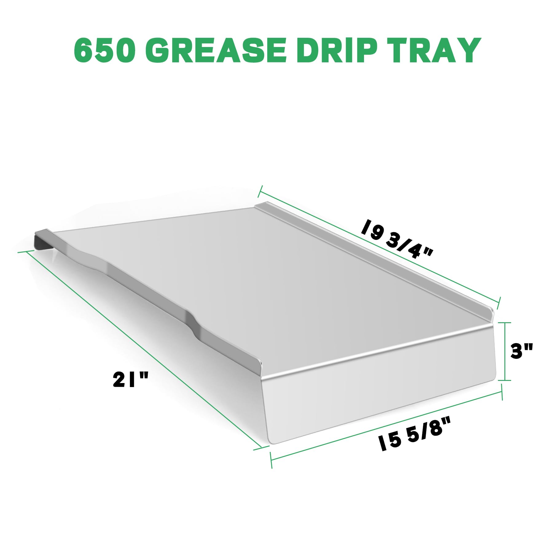 FlameDuty drip pan side profile with dimensions highlighting precise Ironwood 650 compatibility benefit