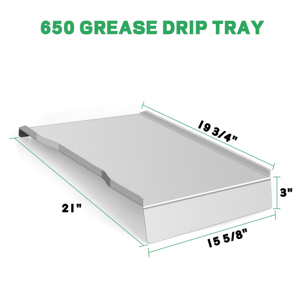 FlameDuty drip pan side profile with dimensions highlighting precise Ironwood 650 compatibility benefit