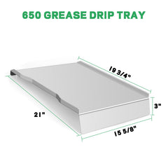 FlameDuty drip pan side profile with dimensions highlighting precise Ironwood 650 compatibility benefit
