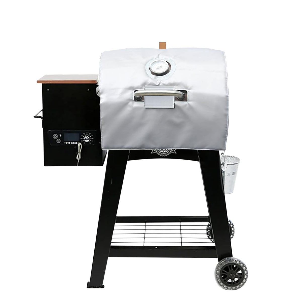 FlameDuty front view showing blanket fitted on Pit Boss grill for improved heat retention