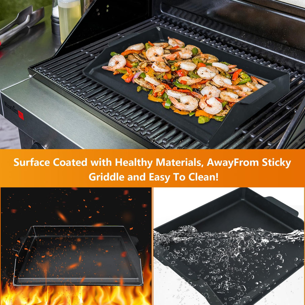 FlameDuty griddle in use on gas grill searing burgers with stable heat