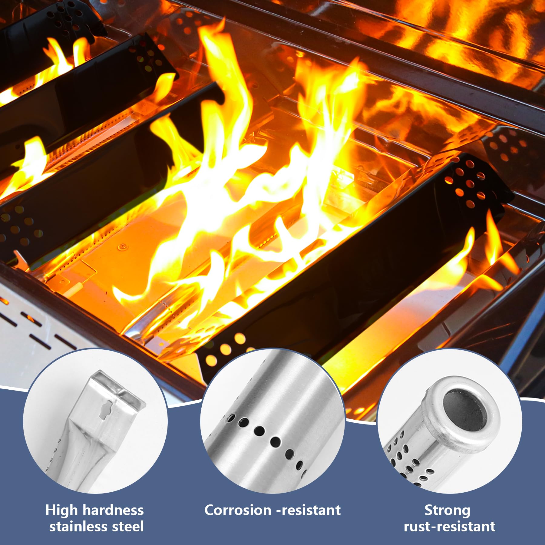 FlameDuty kit layout flatlay showing all grates, shields, burners and igniter wires
