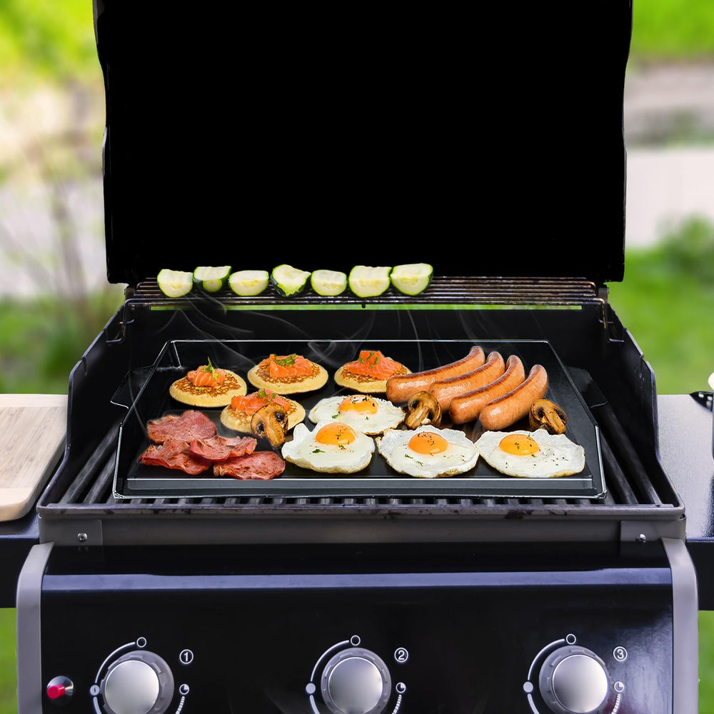 FlameDuty outdoor breakfast scene cooking pancakes and vegetables for family gatherings