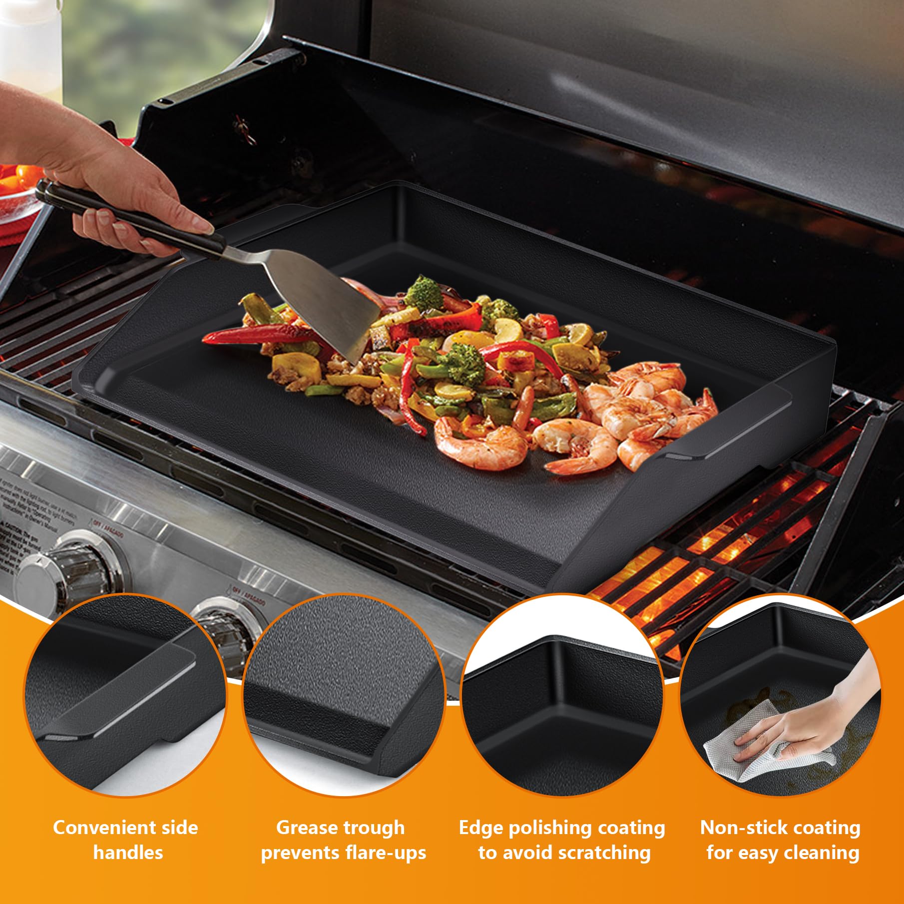 FlameDuty extra-high sidewalls and handles for spill prevention and safe transport