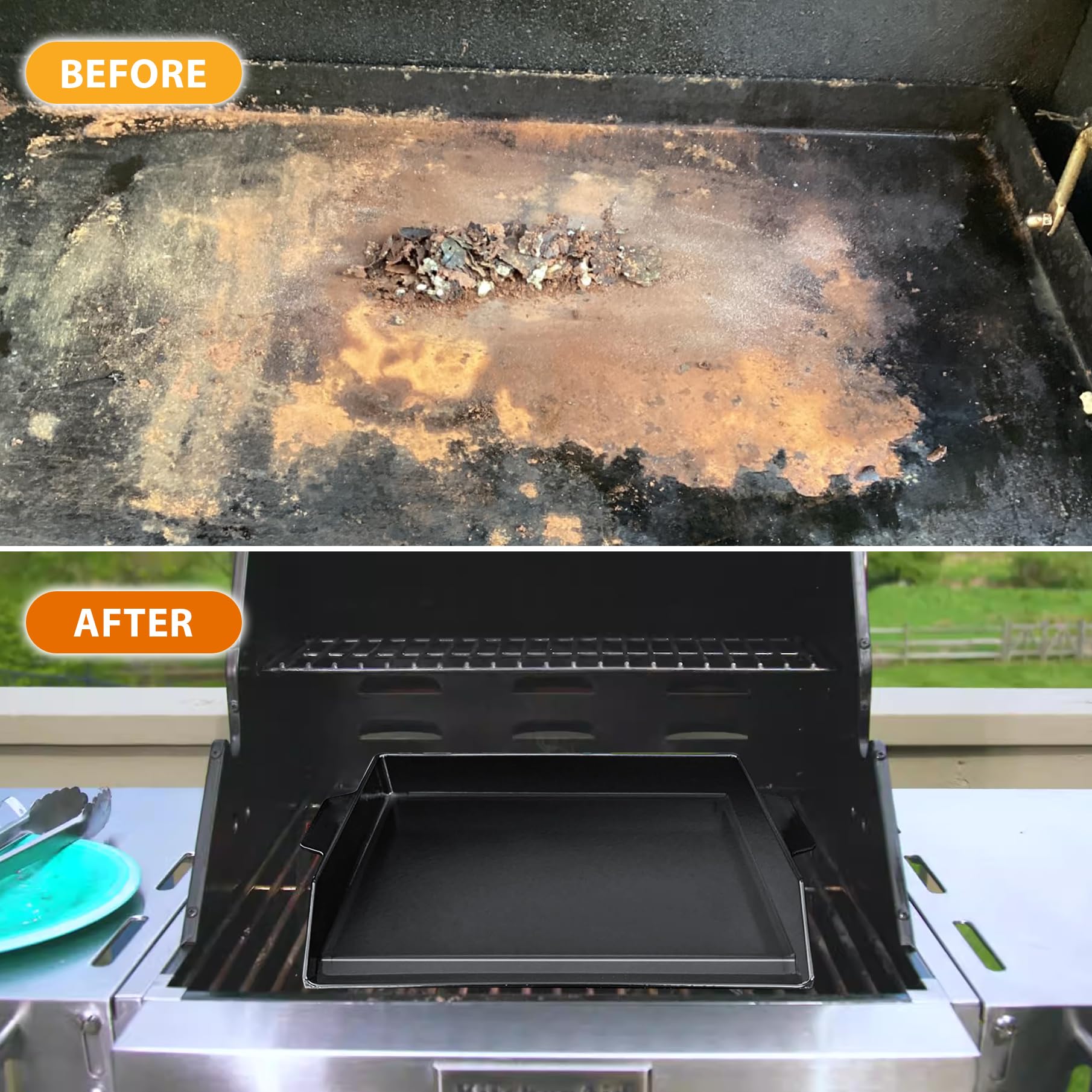 FlameDuty next to spatula and plate to show 17 by 13 inch scale for meal prep