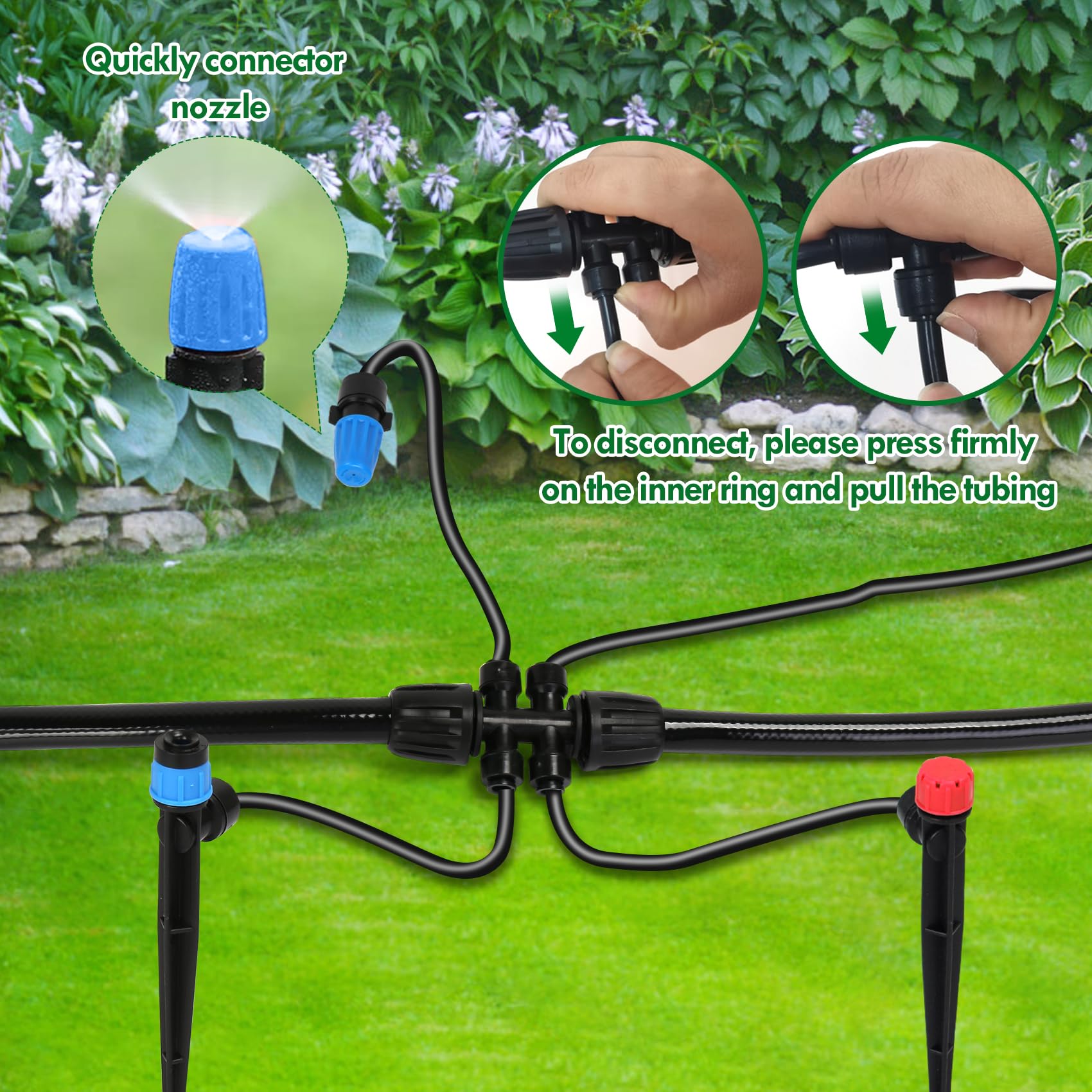 Flantor 4-way barbed tee splitting supply to branches to boost local pressure