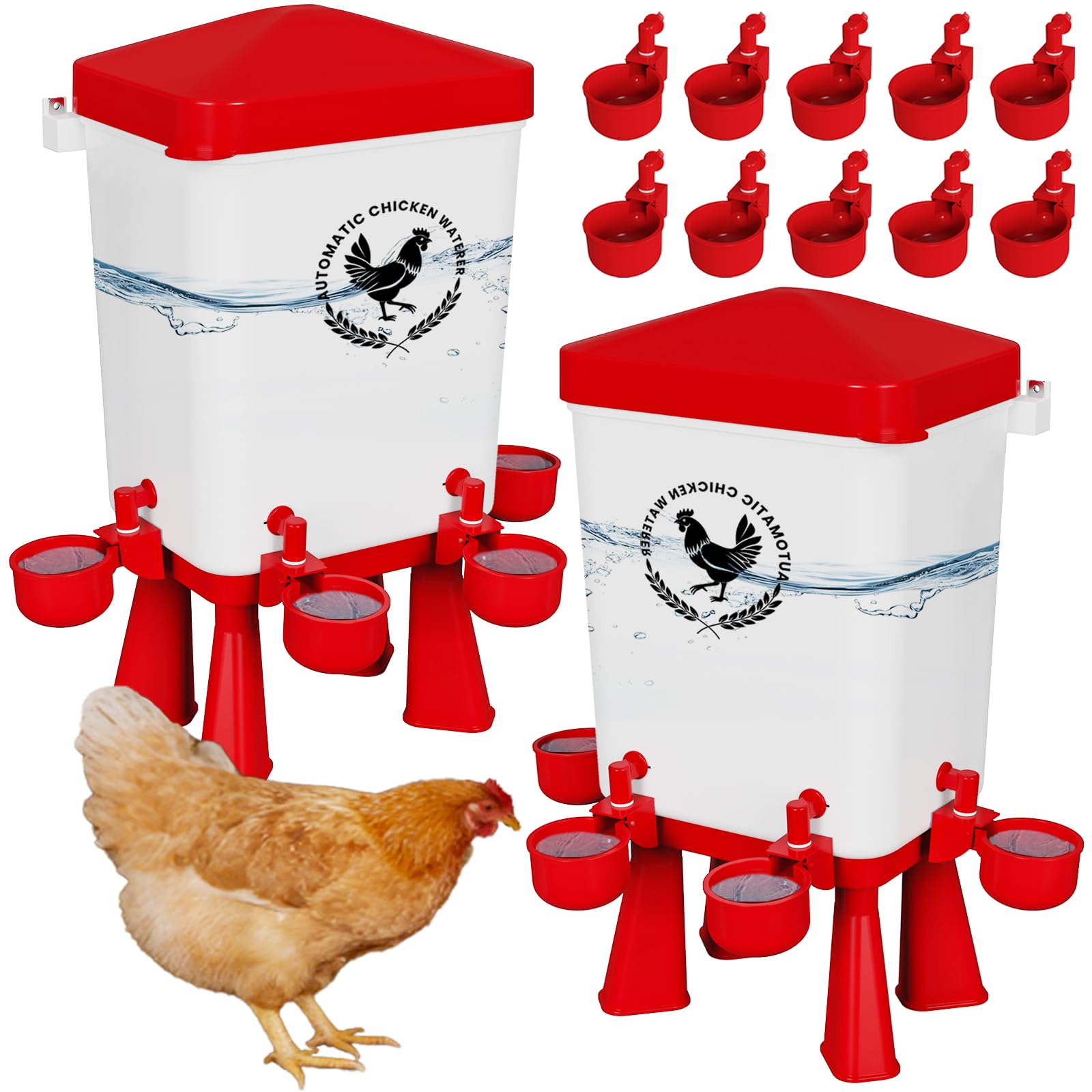 Flapiki front view red waterer showing full setup and easy refill benefit