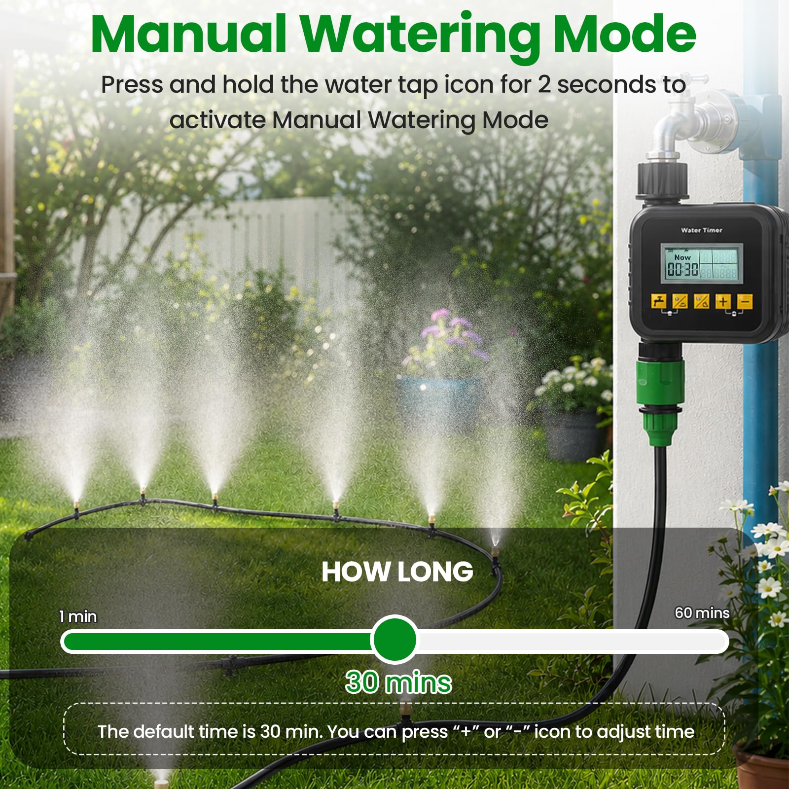 Flapiki timer threaded onto faucet showing secure leak-proof connection benefit