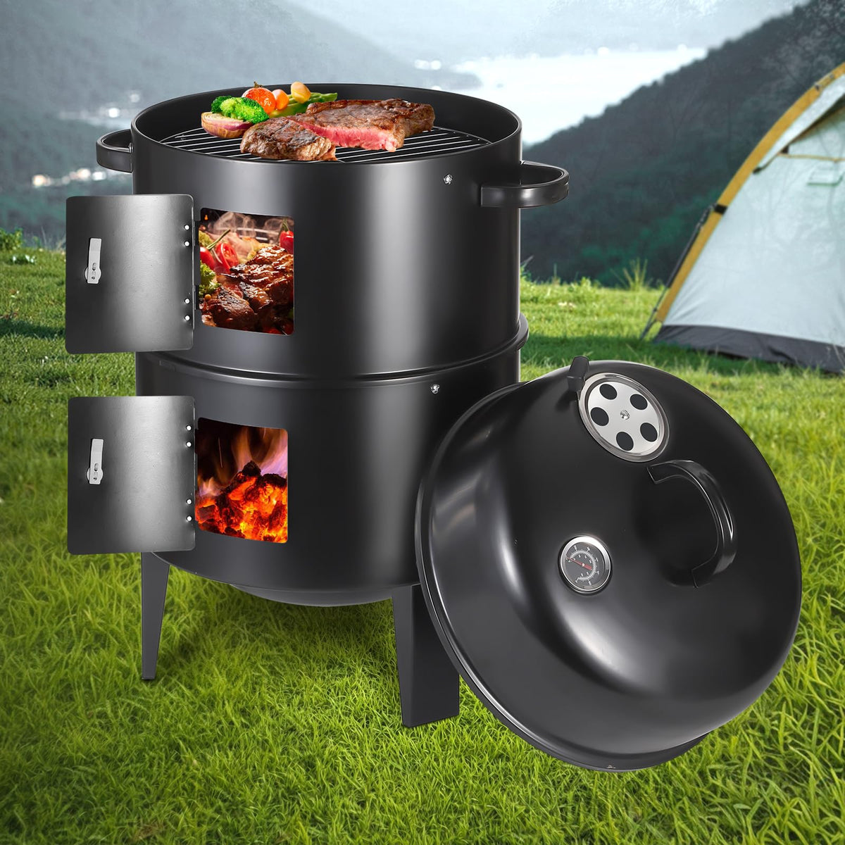 Flaryth front view of vertical smoker showing compact footprint and portability