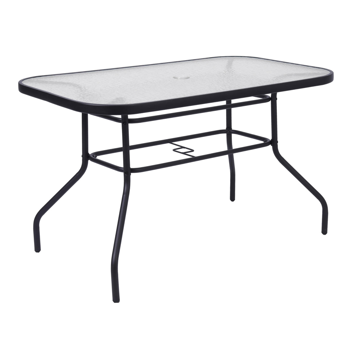 Flash Furniture front view of black steel patio table showing full silhouette and seating benefit